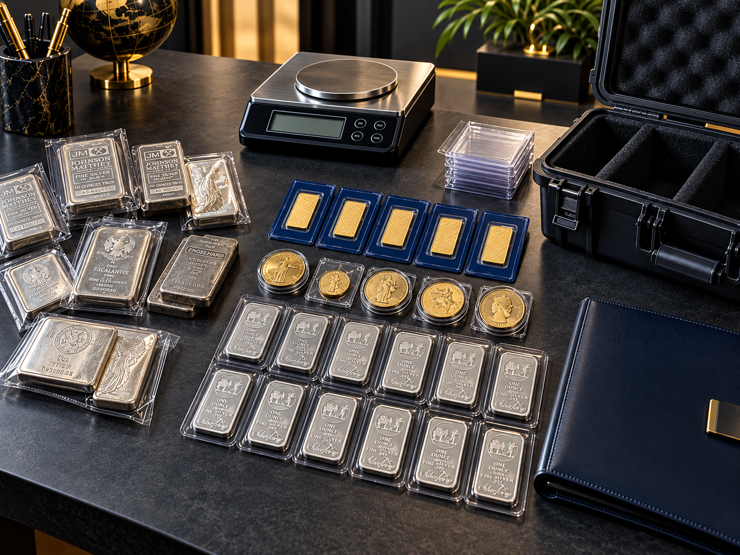 Physical gold and silver bullion arranged for professional review