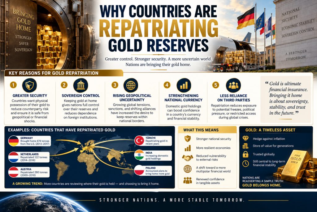 Central bank gold bars representing the repatriation and relocation of sovereign gold reserves